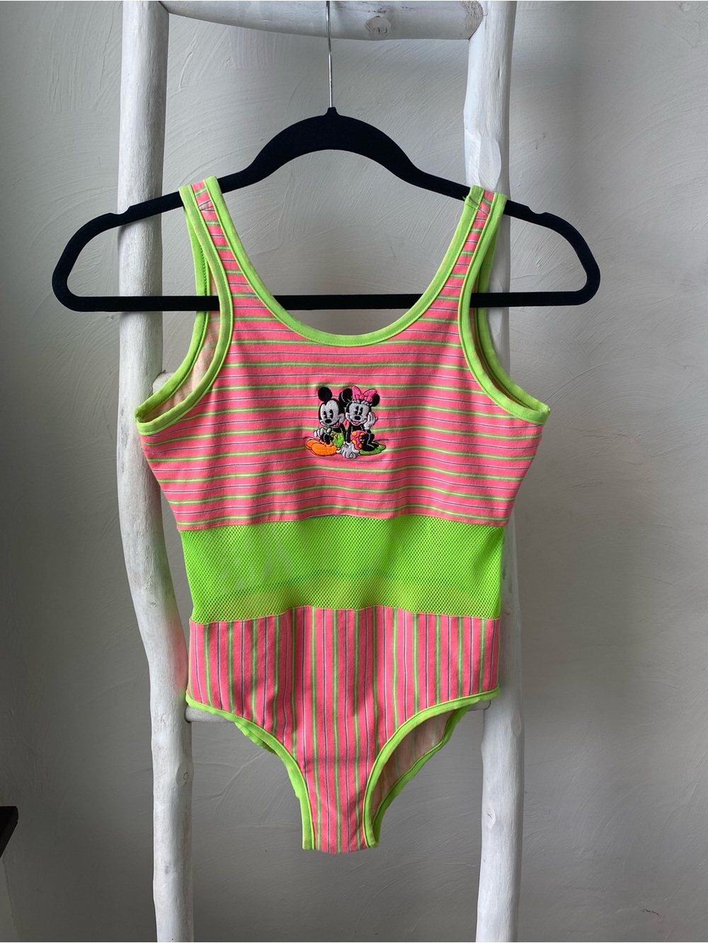 Mickey & Co 90s Vtg One Piece Swim Suit Pink & Lime Green Stripes Mickey Minnie
